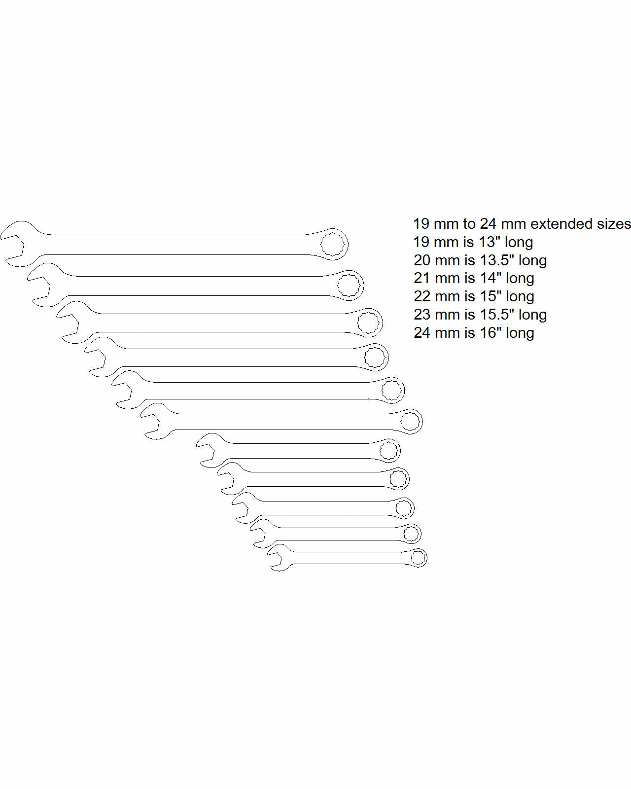 17pc set Modified Metric set 12point with sizes 19mm-24mm with an extended reach