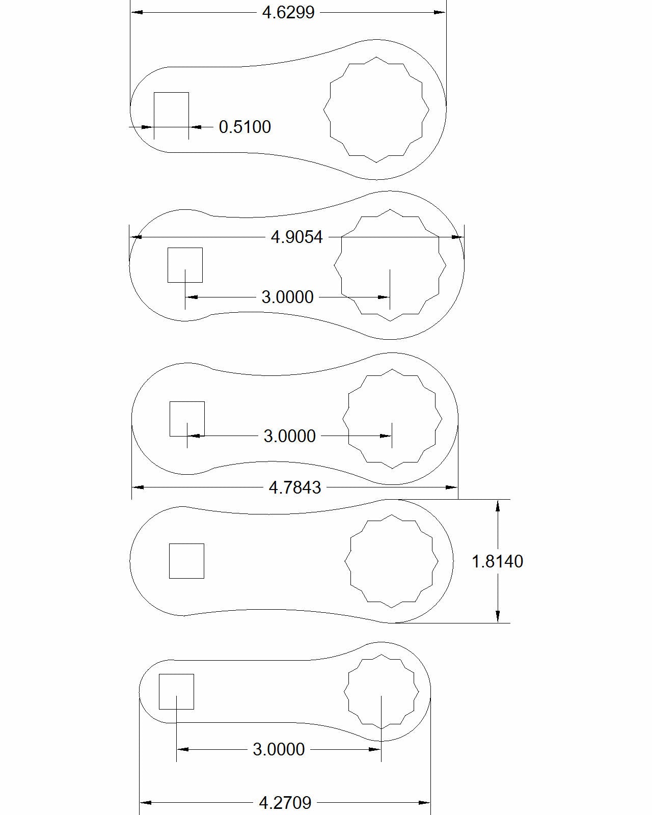 5pc set Dog Bone 24mm, 30mm, 32mm, 34mm, and 36mm with 3"-On-Center