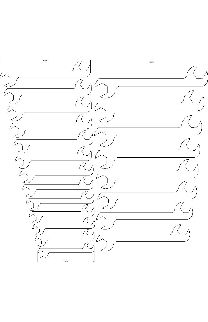 21 pc standard set Sizes: 1-1/4" to 2-1/2" Double Open End with 30/60 degree offset