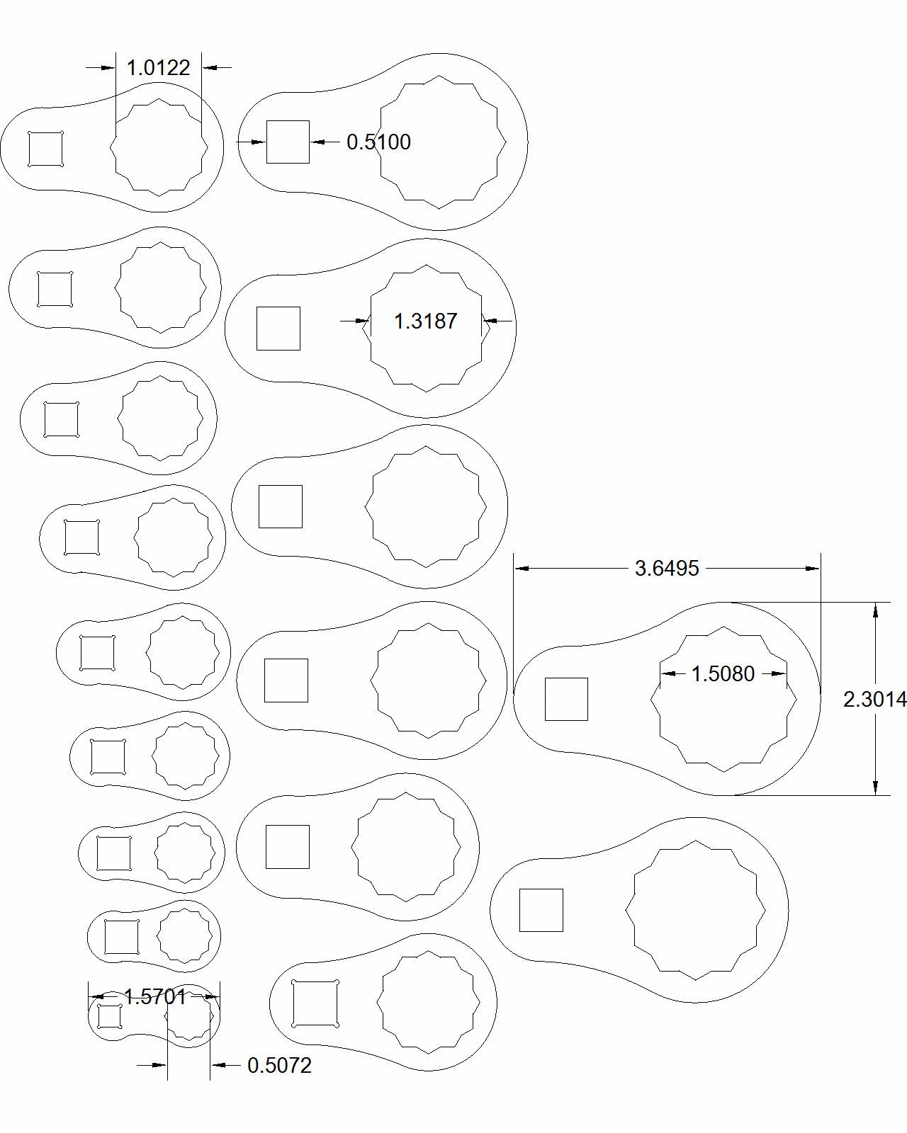 A set of dog bone-shaped wrenches in various sizes, with measurements displayed for each piece. Designed to outperform under pressure, the bulletproof ar500 wrench delivers unparalleled versatility for demanding tasks, whether in professional or industrial settings. Discover premium tools- the toughest, superior, and most customizable tools in the industry.  