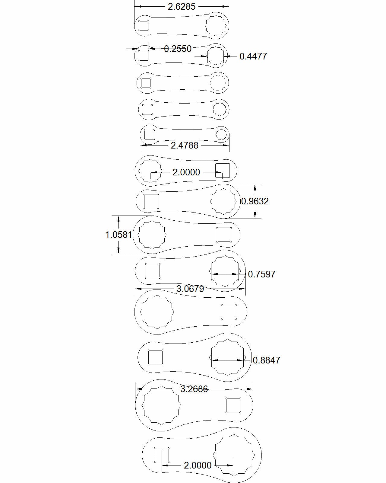 13pc set Dog Bone SAE 2-inch on center sizes 1/4" to 1"