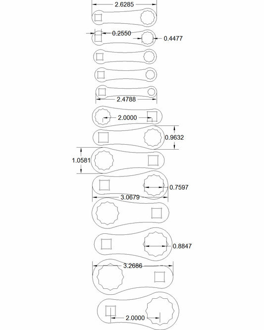 13pc set Dog Bone SAE 2-inch on center sizes 1/4" to 1"