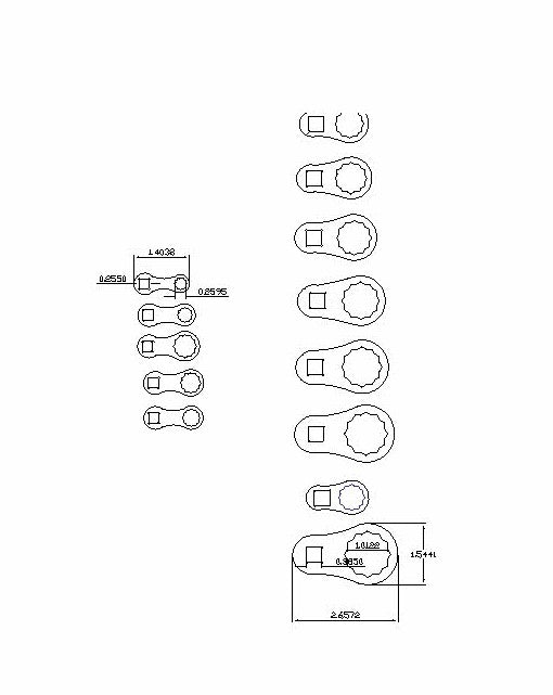 Technical drawing of a set of dog bone sae wrenches showing different sizes from 1/4 to 1 inch.
