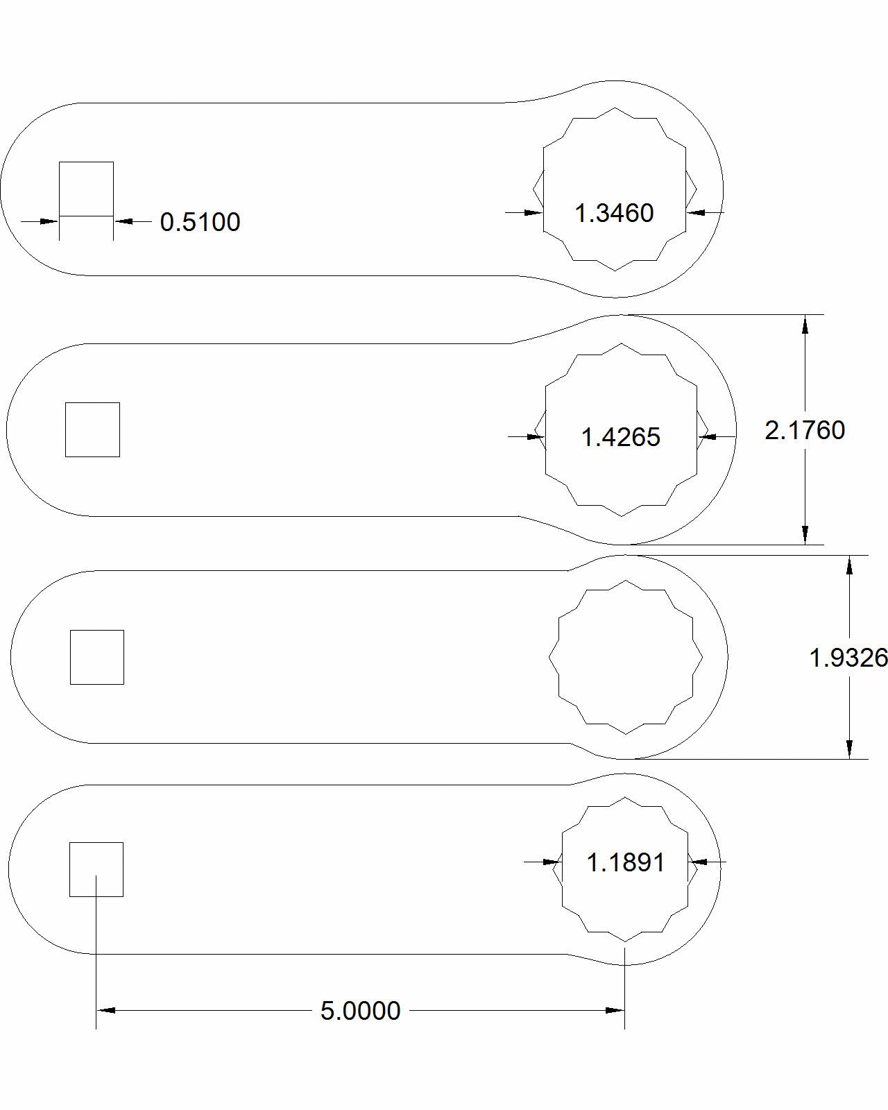 4pc set Dog Bone Torque Adapter Sizes 30mm 32mm 34mm and 36mm with 5"-On-Center