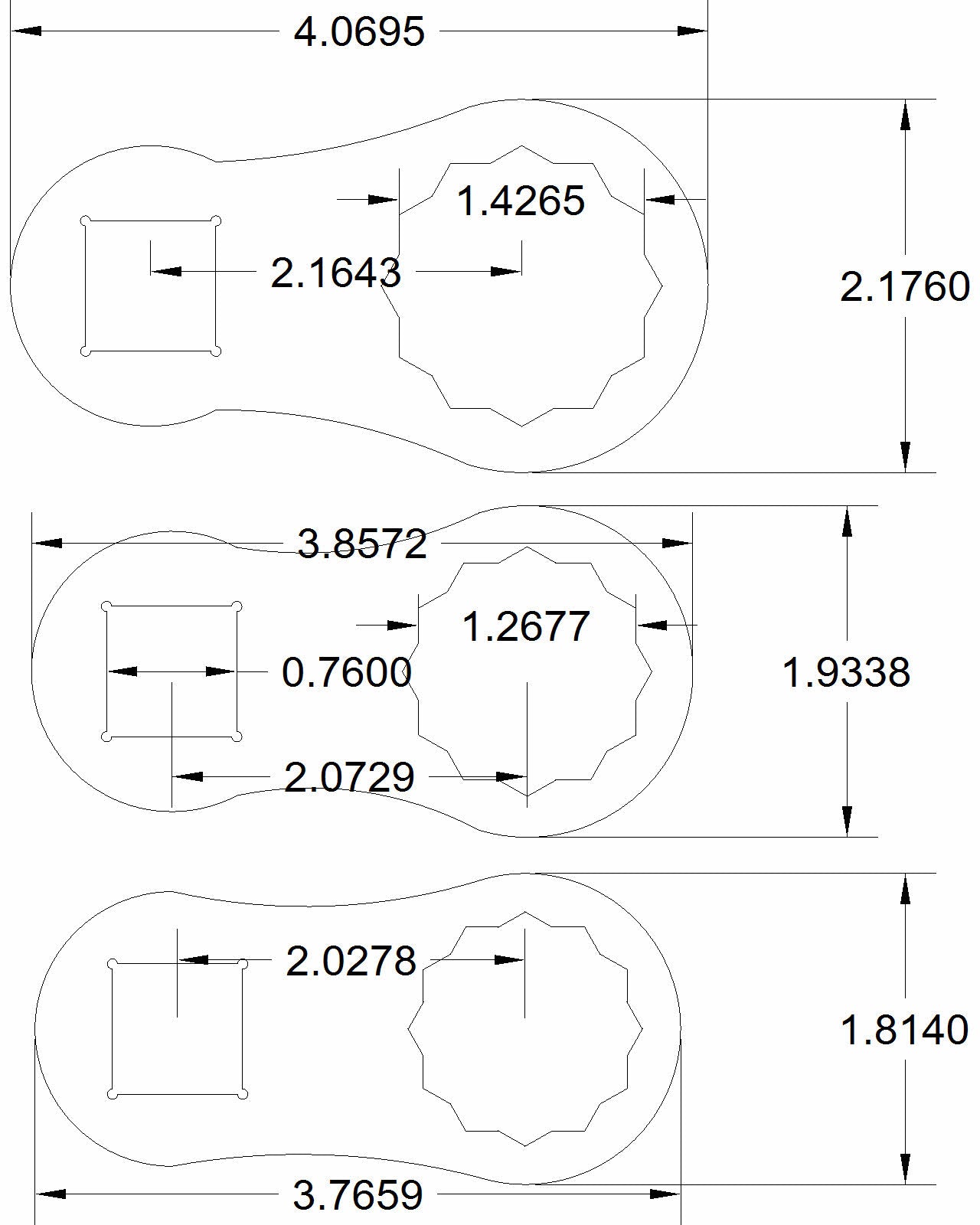 Technical drawing or diagram showing the dimensions and design of a dog bone-shaped product intended for use with a 3/4 drive wrench.