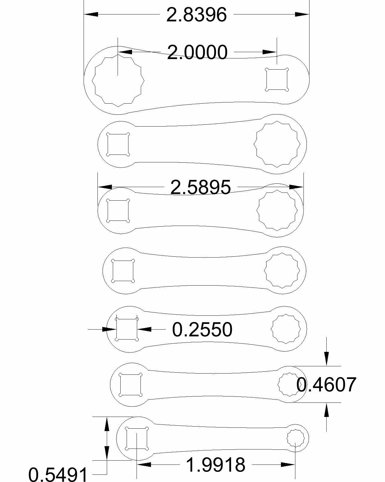 7pc set Dog Bone 3/16"-9/16" with 1/4" drive SAE 2"-On-center