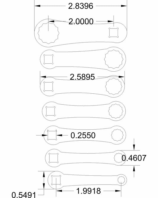 7pc set Dog Bone 3/16"-9/16" with 1/4" drive SAE 2"-On-center