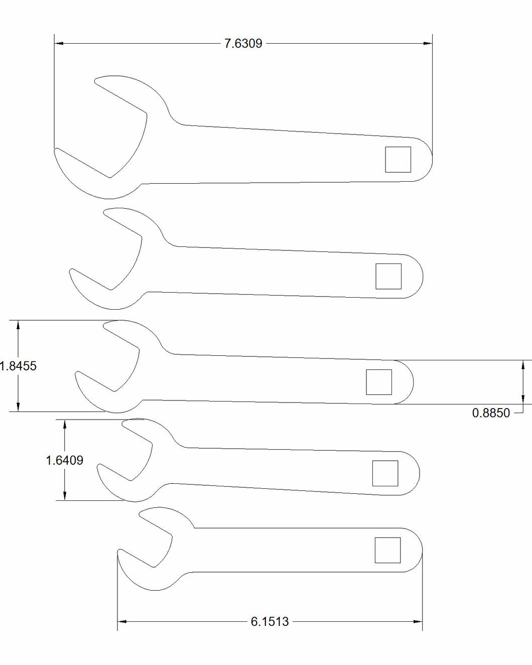 SAE line wrench 5-piece set with 3/4, 7/8, 1, 1 1/4, 1 1/2 and 1/2-inch drive